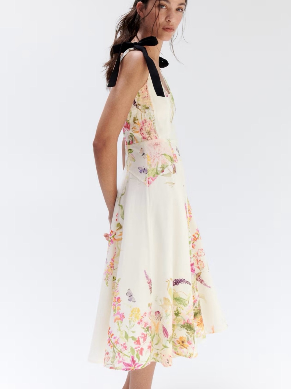 H&M Ivory Floral Midi Dress with Black Tie-Straps